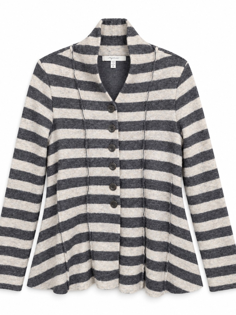 Mystree Women's Medium Gray Cream Striped Button Front Sweater Cardigan